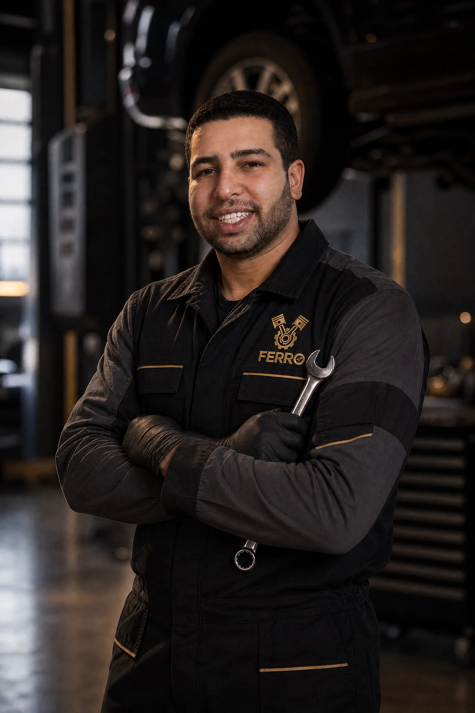 Gabriel, propietario de Ferro Automoción, con el uniforme negro del taller y una llave en la mano