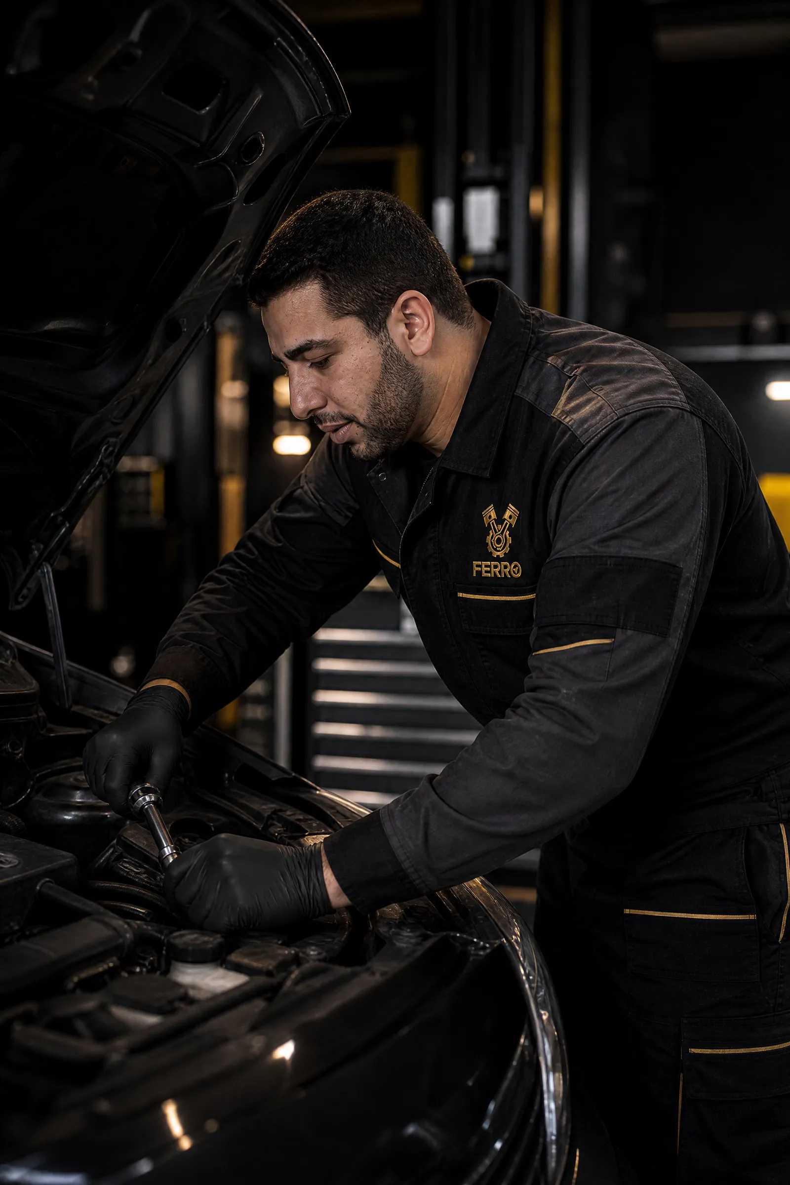 Gabriel trabajando bajo el capó de un coche